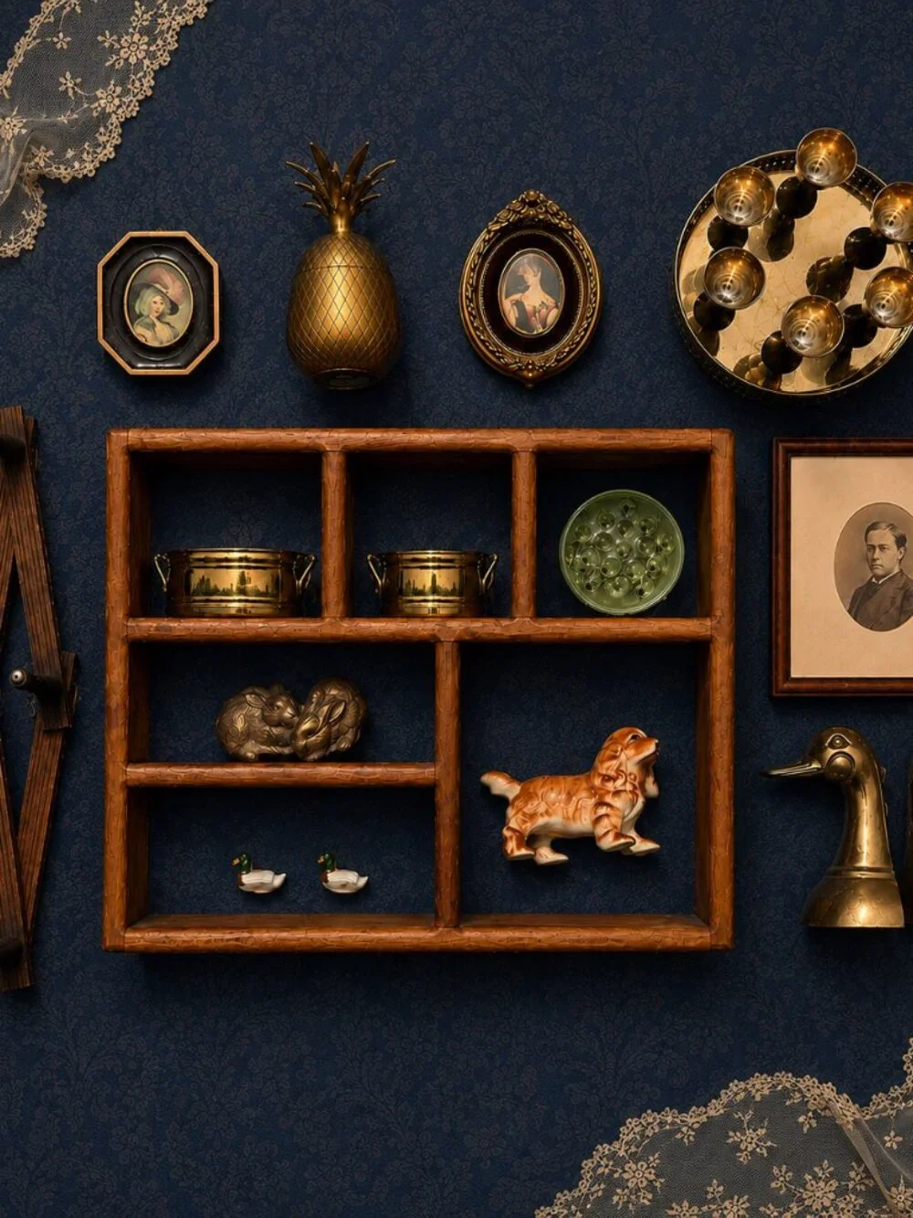 Vintage Wooden Wall Cubby Shelf Display Shelf Shadow Box Curio Shelf